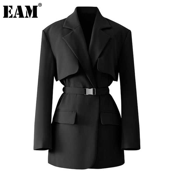 [EAM]  Women Temperament Spliced Big Size Blazer Lapel Long Sleeve Loose Fit  Jacket Tide Spring Autumn 2022 1DC128