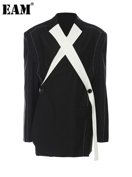 [EAM]  Women Topstitched Cross Big Size Blazer Lapel Long Sleeve Loose Fit Jacket Tide Spring Autumn 2023 1DE9036