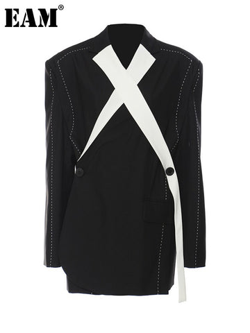 [EAM]  Women Topstitched Cross Big Size Blazer Lapel Long Sleeve Loose Fit Jacket Tide Spring Autumn 2023 1DE9036