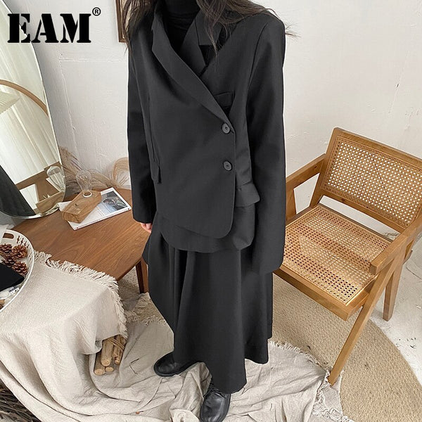 [EAM]  Women Vinatge Asymmetrical Blazer Notched Collar Long Sleeve Loose Fit  Jacket Spring Autumn 2022 1DD3896