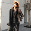 [EAM]Women Vintage Black Plaid Stitching Blazer Lapel Long Sleeve Loose Fit  Jacket Tide Spring Autumn 2022 1DA745
