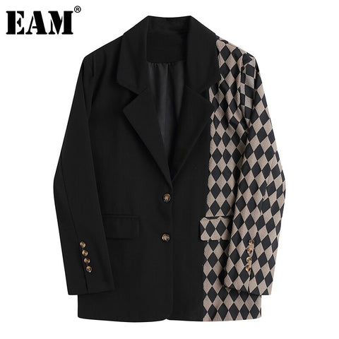 [EAM]Women Vintage Black Plaid Stitching Blazer Lapel Long Sleeve Loose Fit  Jacket Tide Spring Autumn 2022 1DA745
