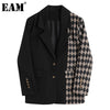 [EAM]Women Vintage Black Plaid Stitching Blazer Lapel Long Sleeve Loose Fit  Jacket Tide Spring Autumn 2022 1DA745