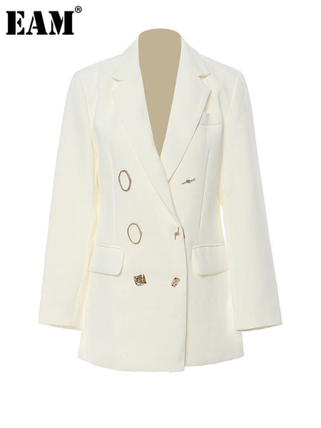 [EAM]  Women White Colorful Button Casual Blazer Lapel Long Sleeve Loose Fit Jacket Tide Spring Autumn 2023 1DF0699