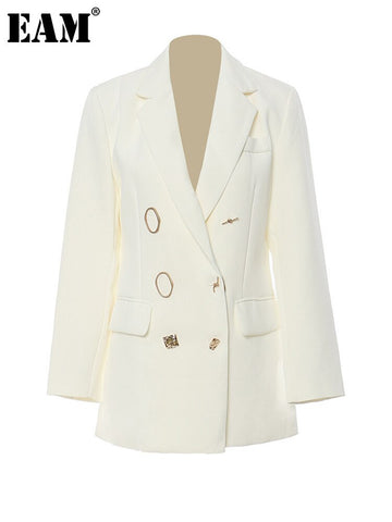 [EAM]  Women White Colorful Button Casual Blazer Lapel Long Sleeve Loose Fit Jacket Tide Spring Autumn 2023 1DF0699