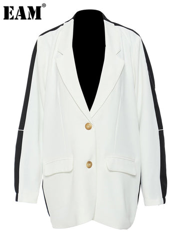 [EAM]  Women White Contrast Color Big Size Blazer Lapel Long Sleeve Loose Fit Jacket Tide Spring Autumn 2023 1DE2307