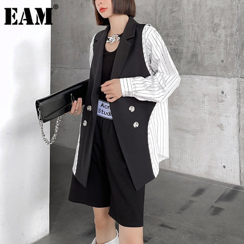 [EAM]  Women White Contrast Color Big Size Blazer Lapel Long Sleeve Loose Fit Jacket Tide Spring Autumn 2022 1DE2182