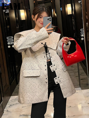 [EAM]  Women White Jacquard Big Size Blazer V-collar Long Sleeve Loose Fit Jacket Tide Spring Autumn 2023 1DE67960