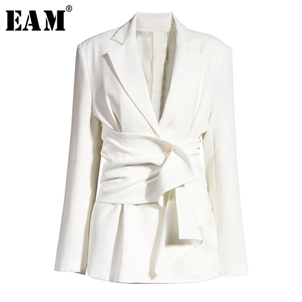 [EAM]  Women White Knot Split Joint Irregular Blazer Lapel Long Sleeve Loose Fit  Jacket Spring Autumn 2022 1X343
