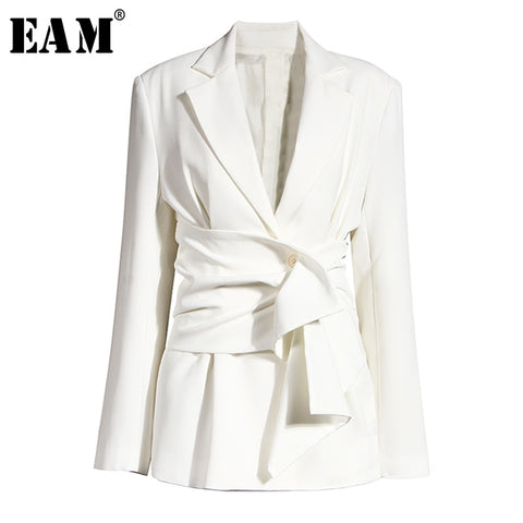 [EAM]  Women White Knot Split Joint Irregular Blazer Lapel Long Sleeve Loose Fit  Jacket Spring Autumn 2022 1X343