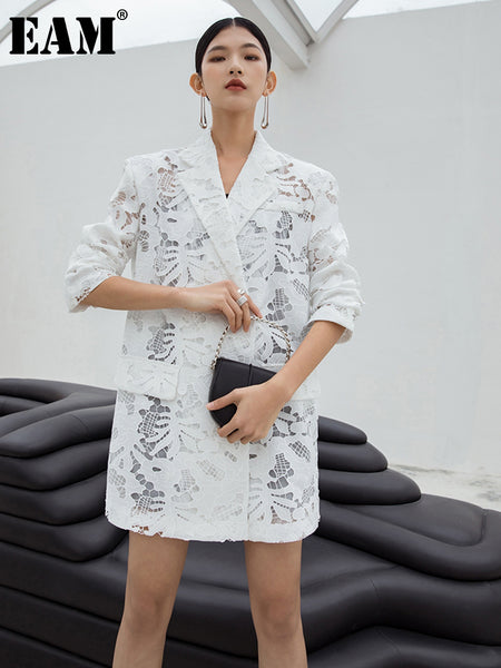 [EAM]  Women White Lace Big Size Long Blazer Lapel Long Sleeve Loose Fit Jacket Tide Spring Autumn 2023 1DF0021
