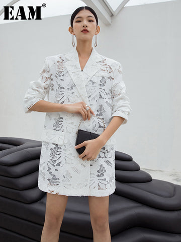 [EAM]  Women White Lace Big Size Long Blazer Lapel Long Sleeve Loose Fit Jacket Tide Spring Autumn 2023 1DF0021