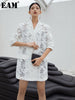 [EAM]  Women White Lace Big Size Long Blazer Lapel Long Sleeve Loose Fit Jacket Tide Spring Autumn 2023 1DF0021