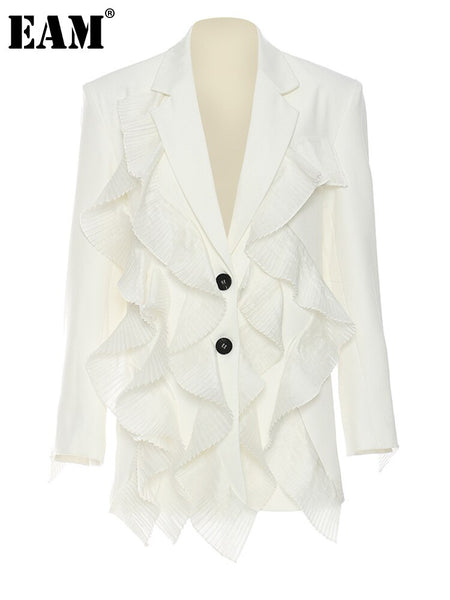 [EAM]  Women White Pleated Irregular Elegant Blazer Lapel Long Sleeve Loose Fit Jacket Spring Autumn 2023 1DE7885