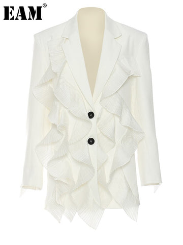 [EAM]  Women White Pleated Irregular Elegant Blazer Lapel Long Sleeve Loose Fit Jacket Spring Autumn 2023 1DE7885