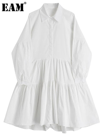 [EAM] Women White Pleated Ruffles Long Shirt Dress Lapel Long Sleeve Loose Fit Tide Spring Autumn 2023 1DE1344