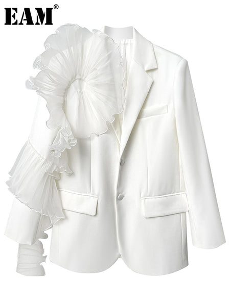 [EAM]  Women White Ruffles Big Size Blazer Lapel Long Sleeve Loose Fit Jacket Tide Spring Autumn 2023 1DE3921