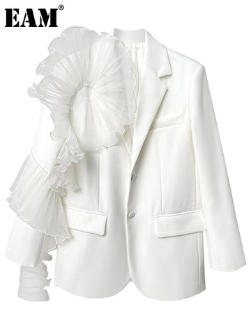 [EAM]  Women White Ruffles Big Size Blazer Lapel Long Sleeve Loose Fit Jacket Tide Spring Autumn 2023 1DE3921