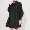 [EAM] Women White Ruffles Big Size Shirt Dress Stand Collar Long Sleeve Loose Fit Spring Autumn 2023 1B89101