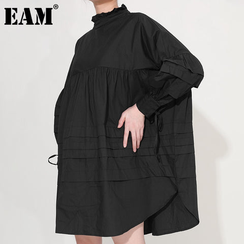 [EAM] Women White Ruffles Big Size Shirt Dress Stand Collar Long Sleeve Loose Fit Spring Autumn 2023 1B89101
