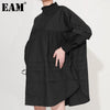 [EAM] Women White Ruffles Big Size Shirt Dress Stand Collar Long Sleeve Loose Fit Spring Autumn 2023 1B89101