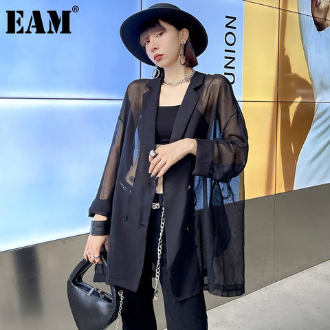 [EAM]  Women White Thin Perpective Big Size Blazer Lapel Long Sleeve Loose Fit Jacket Spring Summer 2022 1DD9482
