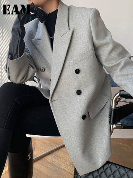 [EAM]  Women Woolen Double Breasted Blazer Notched Long Sleeve Loose Fit  Jacket Tide  Autumn Winter 2023 1DD7115