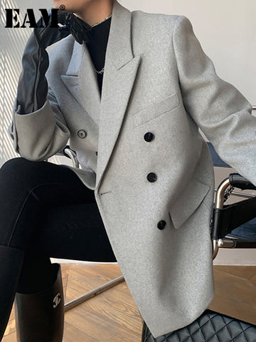 [EAM]  Women Woolen Double Breasted Blazer Notched Long Sleeve Loose Fit  Jacket Tide  Autumn Winter 2023 1DD7115