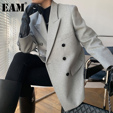 [EAM]  Women Woolen Double Breasted Blazer Notched Long Sleeve Loose Fit  Jacket Tide  Autumn Winter 2022 1DD7115