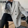 [EAM]  Women Woolen Double Breasted Blazer Notched Long Sleeve Loose Fit  Jacket Tide  Autumn Winter 2022 1DD7115