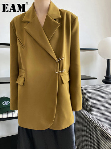 [EAM]  Women Yellow Beige Shaped Big Size Blazer Lapel Long Sleeve Loose Fit Jacket Tide Spring Autumn 2023 1DF0112