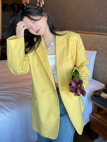 [EAM]  Women Yellow Brief Big Size Casual Blazer Lapel Long Sleeve Loose Fit Jacket Tide Spring Autumn 2023 1DE0153