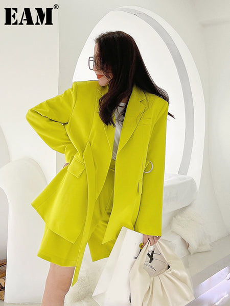 [EAM]  Women Yellow Ribbon Big Size Blazer Lapel Long Sleeve Loose Fit Jacket Tide Spring Autumn 2023 1DE8236