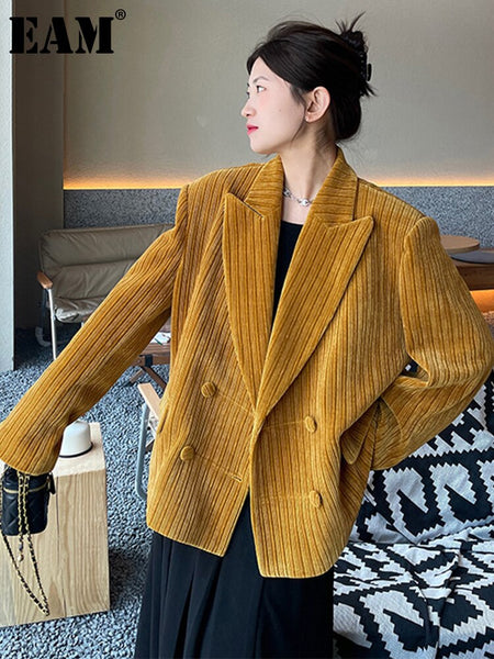 [EAM]  Women Yellow Velvet Big Size Casual Blazer Lapel Long Sleeve Loose Fit Jacket Tide Spring Autumn 2023 1DE4414