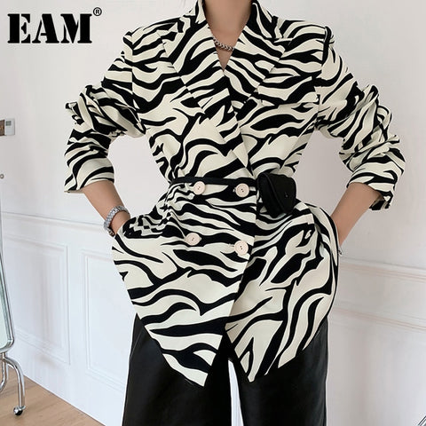 [EAM]  Women Zebra Pattern Big Size Blazer Lapel Long Sleeve Loose Fit  Jacket Tide Spring Autumn 2022 1DB329