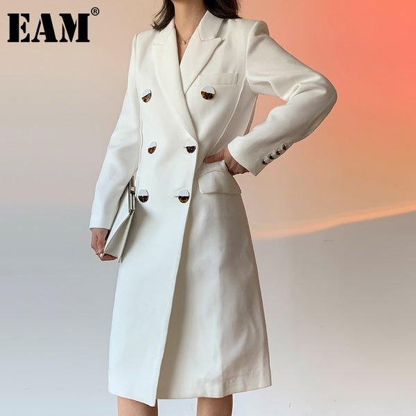 [EAM]  Women big size long double breasted White Blazer Notched Long Sleeve Loose Jacket Spring Autumn 2022 1DD5243