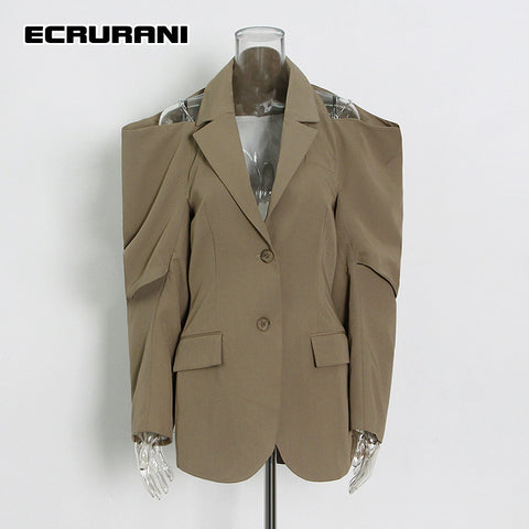 ECRURANI Cut Out Elegant Jackets For Women Notched Long Sleeve Gathered Waist Casual Blazers Females Clothing 2023 Style