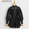 EDGLuLu 3 Piece Set Women Pearl Single-breasted Lace Top+solid  Camisole+high Waist Wide Leg Shorts Red White Black Set 0107