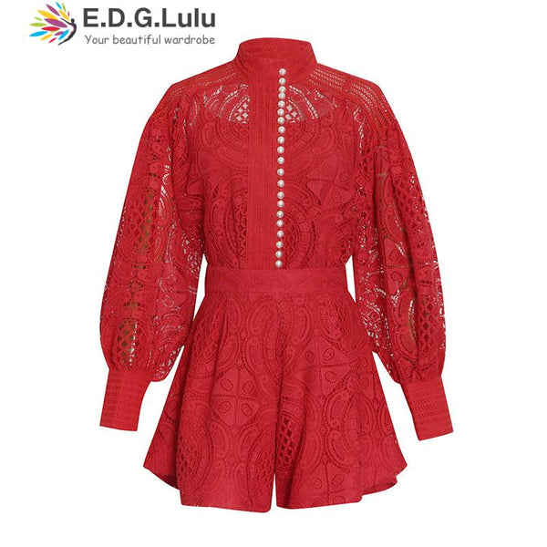 EDGLuLu 3 Piece Set Women Pearl Single-breasted Lace Top+solid  Camisole+high Waist Wide Leg Shorts Red White Black Set 0107
