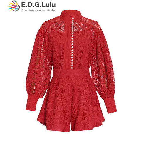 EDGLuLu 3 Piece Set Women Pearl Single-breasted Lace Top+solid  Camisole+high Waist Wide Leg Shorts Red White Black Set 0107