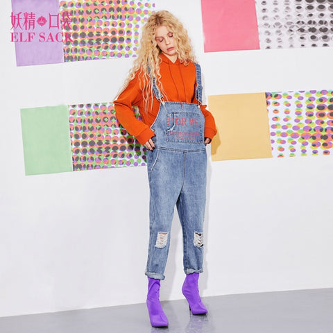 Spring Rompers Women Letter Prints Light Blue Washed Denim Jeans Womens Hole Casual Pockets Pants Braces Jeans