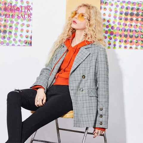 Spring Vintage Women Plaid Blazers Loose BL Long Sleeve Notched Suits Double Breasted Womens Office Suit Tops