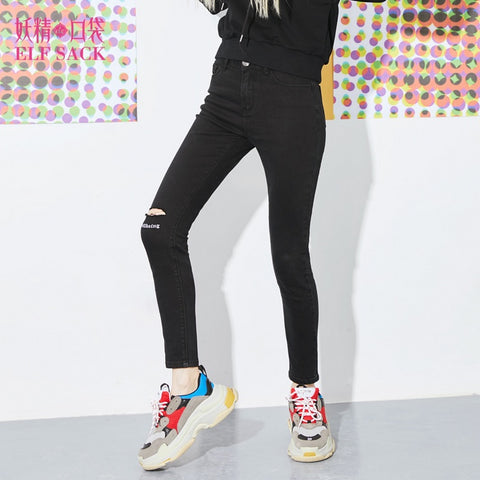 2022 Spring Women Tight Pencil Pants Denim Jeans Hole Women Slim Black Letter Embroidery Basic Casual Girl's Jeans