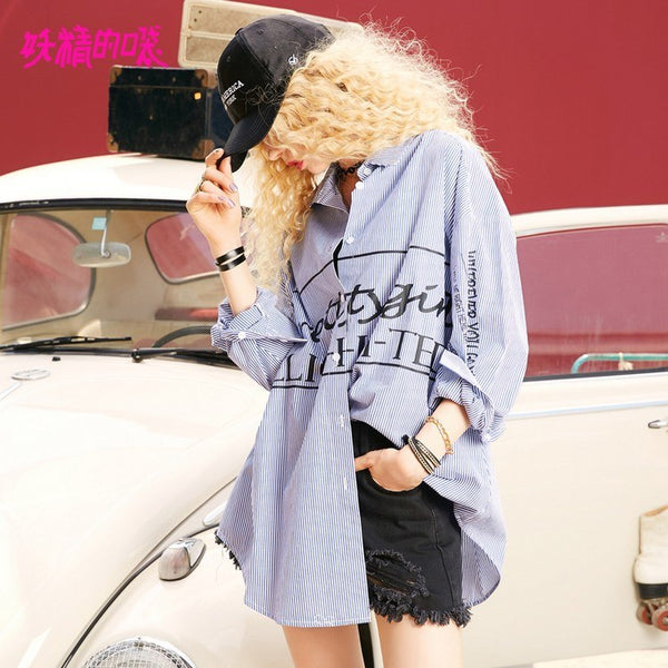 Autumn New Fashion Women Shirt Cotton Casual Stripe Letter Print Woman Shirts Ins Loose Streetwear Ladies Shirt Female