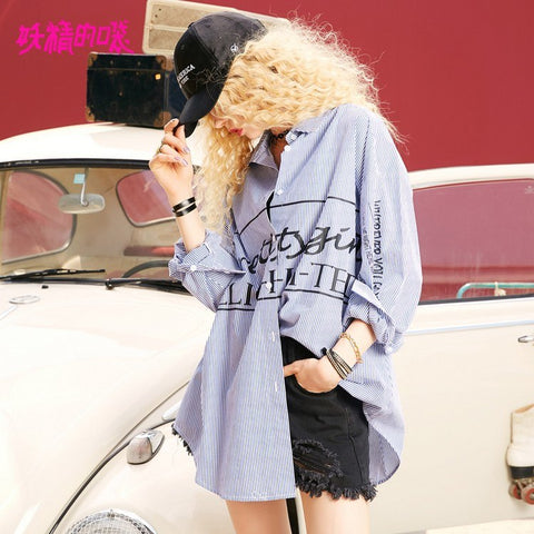 Autumn New Fashion Women Shirt Cotton Casual Stripe Letter Print Woman Shirts Ins Loose Streetwear Ladies Shirt Female