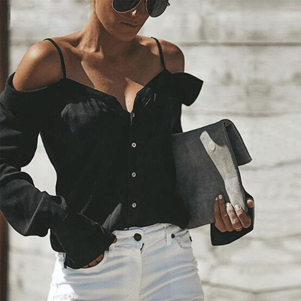 Sexy Off Shoulder Strap Blouse Shirts Women 2022 Summer Autumn Long Sleeve Buttons Plain Loose Tops Streetwear Blusas