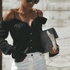 Sexy V Neck Button Blouse Off Shoulder Women Tops Autumn Long Sleeve Solid Streetwear Shirts Casual Backless Strap Blusa