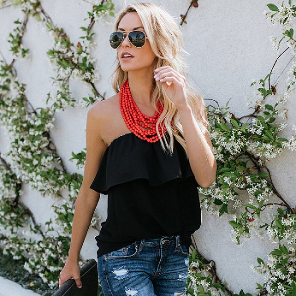 Sleeveless Off Shoulder Chiffon Blouse Women Slash Neck Backless Ruffles Loose Summer Tops Shirt Beachwear Blusa Female