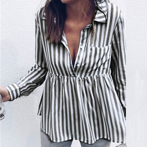 Summer Autumn Striped Women Tops Blouses Turn-down Collar Buttons Blouse Office Lady Shirts Long Sleeve Pocket blusas