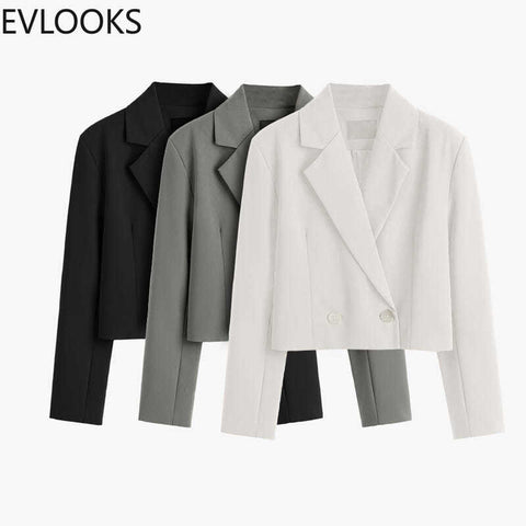 EVLOOKS Women Elegant Short Blazer Casual Office Work Vintage Solid Color Long Sleeve Notched Collar Double Breasted